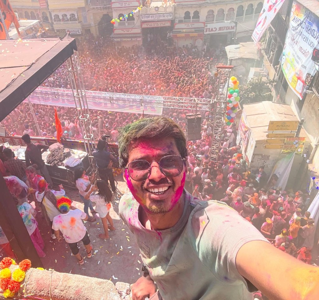 Ronak celebrating Holi covered in colours
