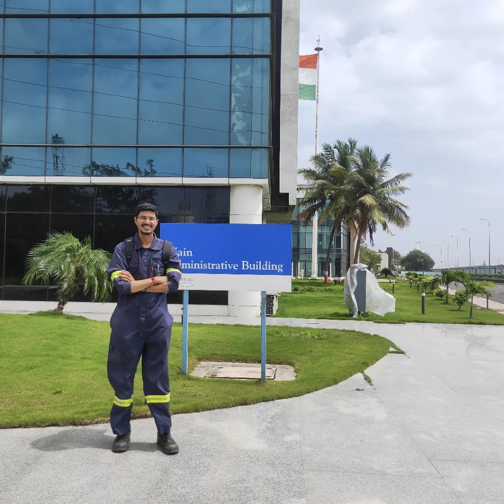 Ronak in boiler suit at Reliance Industries Main Administrative Building, Hazira